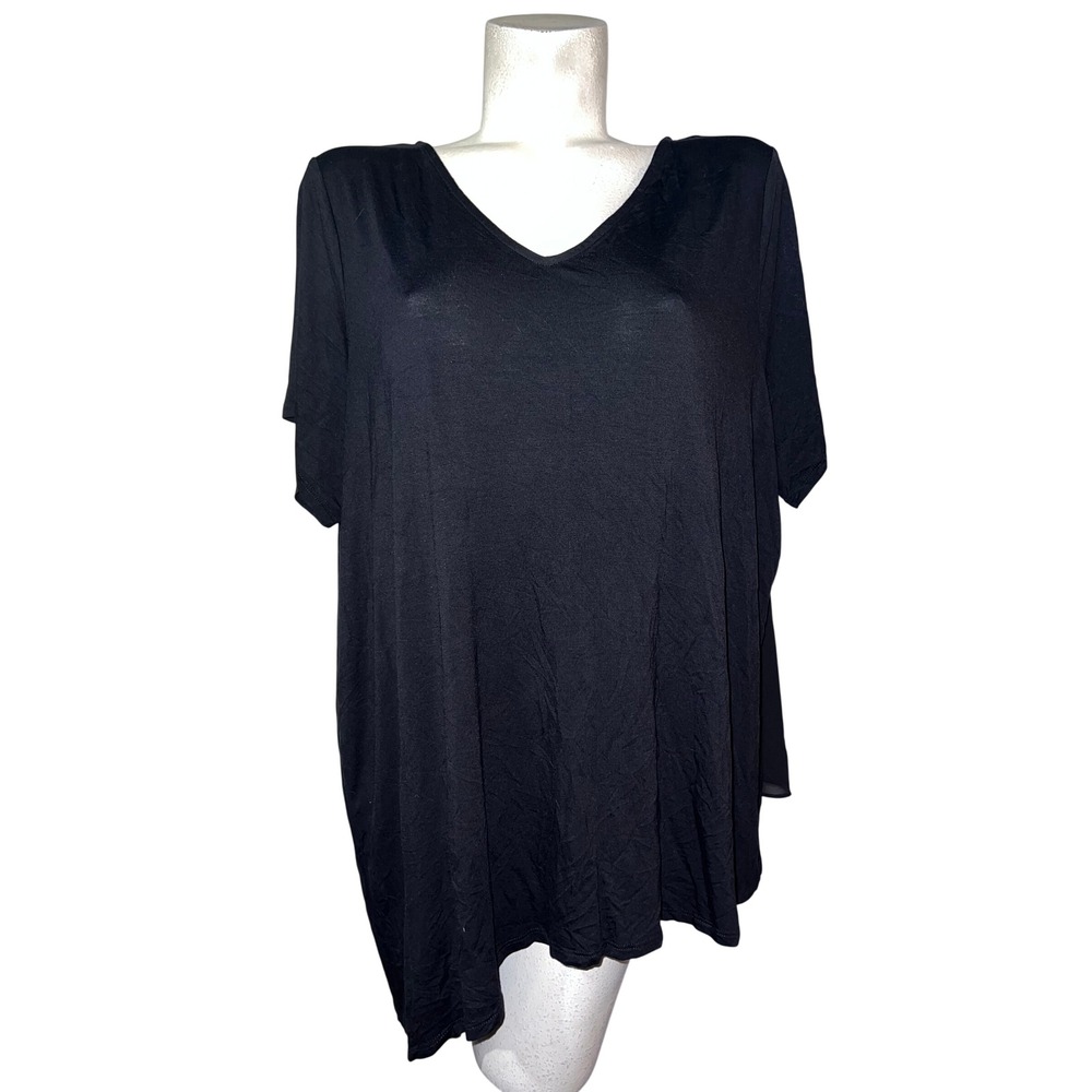Lisa Rinna Collection Womens 2X Black V-Neck Mixed Media Asymmetric Hem Top